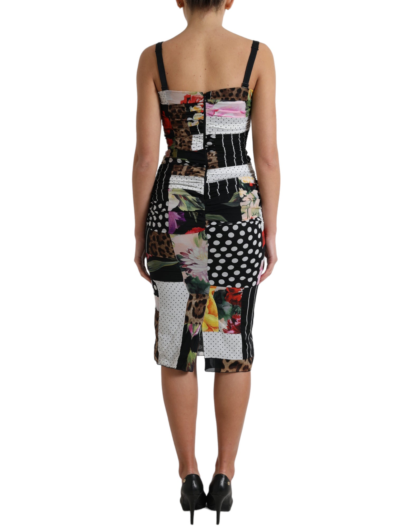 Dolce & Gabbana Mehrfarbiges Patchwork Midi-Leopard-Bodycon-Kleid mit Blumenmuster
