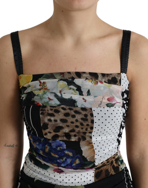 Dolce & Gabbana Mehrfarbiges Patchwork Midi-Leopard-Bodycon-Kleid mit Blumenmuster