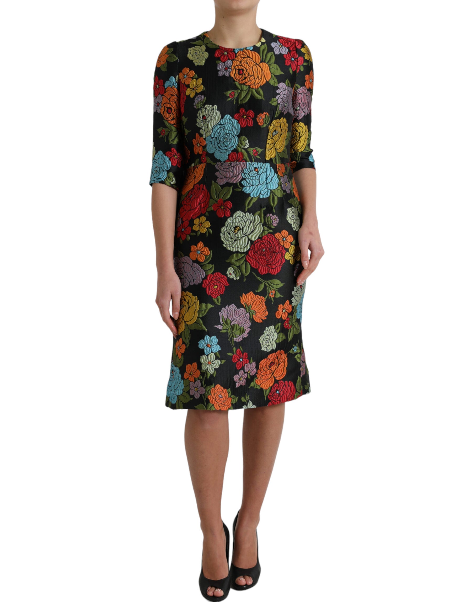 Dolce & Gabbana Schwarzes knielanges Kleid mit Blumenstickerei