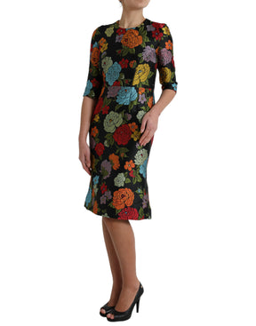 Dolce & Gabbana Schwarzes knielanges Kleid mit Blumenstickerei