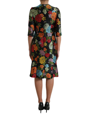 Dolce & Gabbana Schwarzes knielanges Kleid mit Blumenstickerei