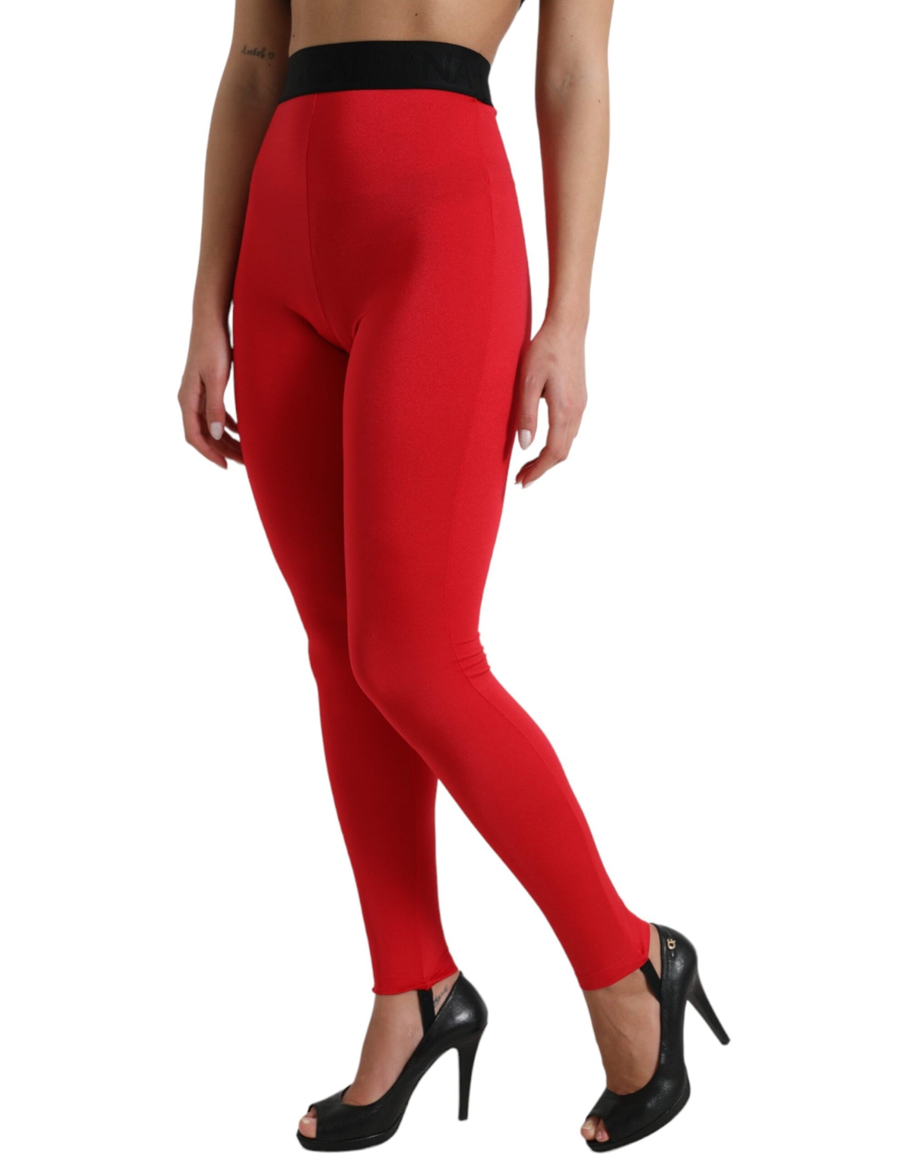 Dolce & Gabbana Rote Nylon DG Logo Slim Leggings Hose