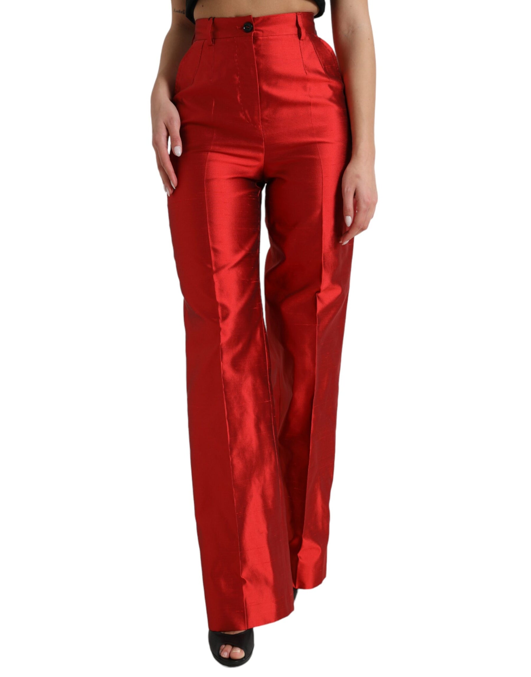 Dolce & Gabbana Rote Satin-Seidenhose mit hoher Taille und weitem Bein