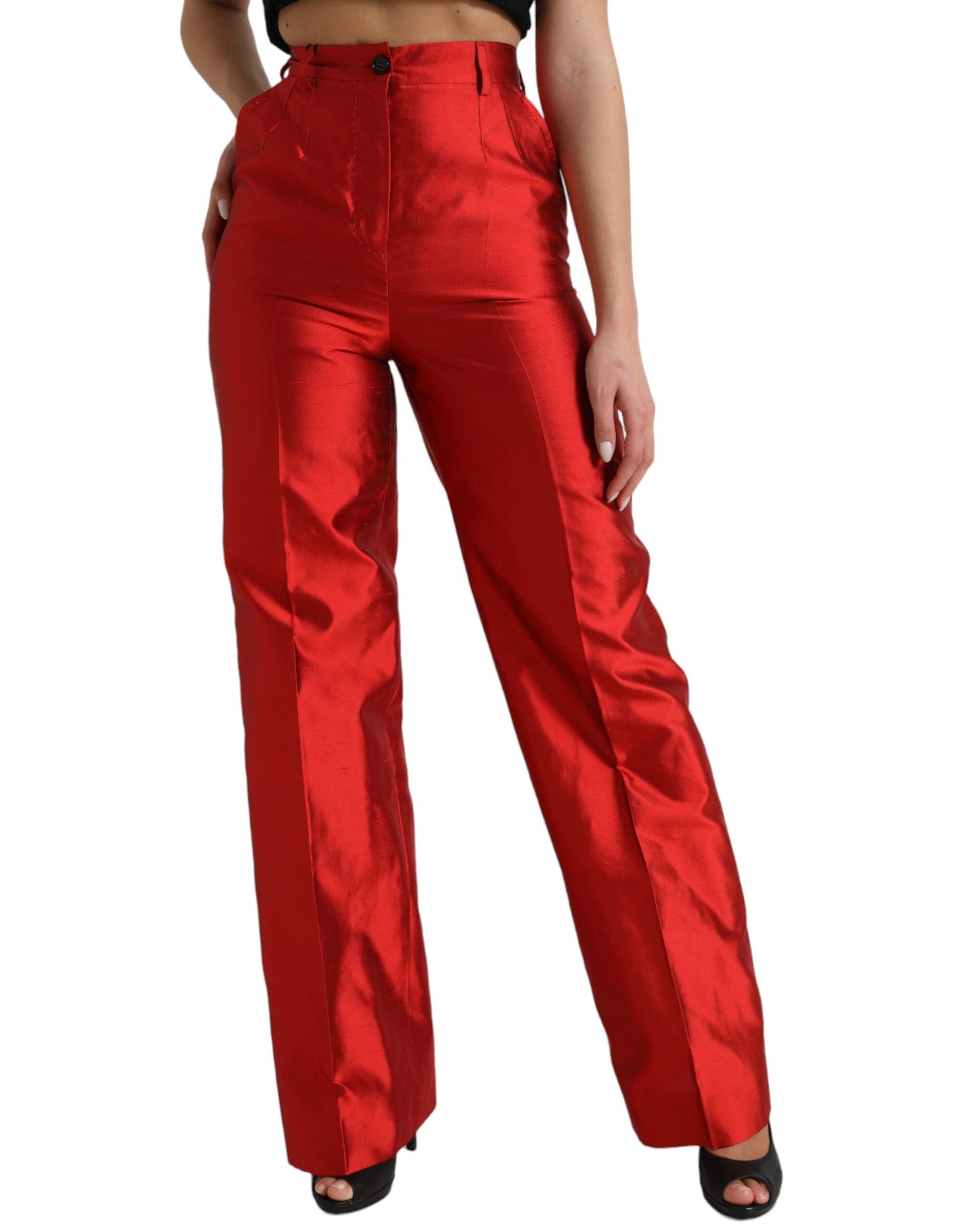 Dolce & Gabbana Rote Satin-Seidenhose mit hoher Taille und weitem Bein