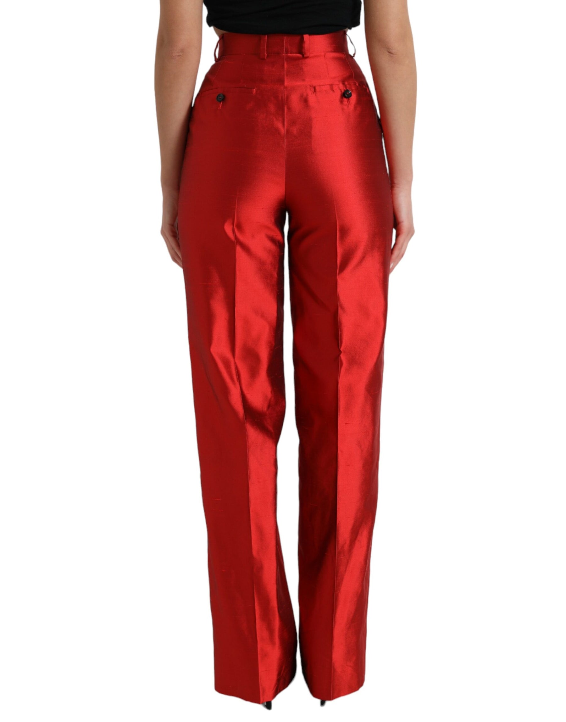 Dolce & Gabbana Rote Satin-Seidenhose mit hoher Taille und weitem Bein