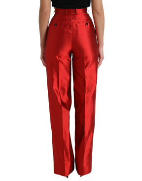 Dolce & Gabbana Rote Satin-Seidenhose mit hoher Taille und weitem Bein