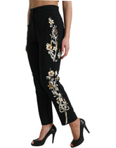 Dolce & Gabbana Schwarze Hose mit Blumenapplikation und hoher Taille, konisch zulaufend