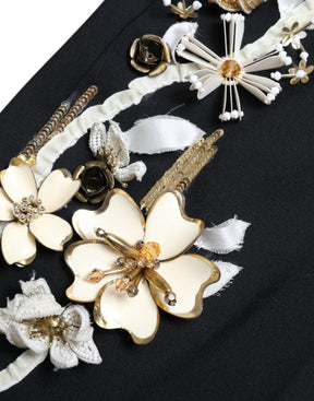 Dolce & Gabbana Schwarze Hose mit Blumenapplikation und hoher Taille, konisch zulaufend