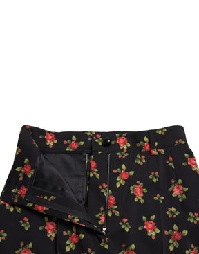 Dolce & Gabbana Schwarze, geblümte, taillierte Hose aus Wolle mit hoher Taille