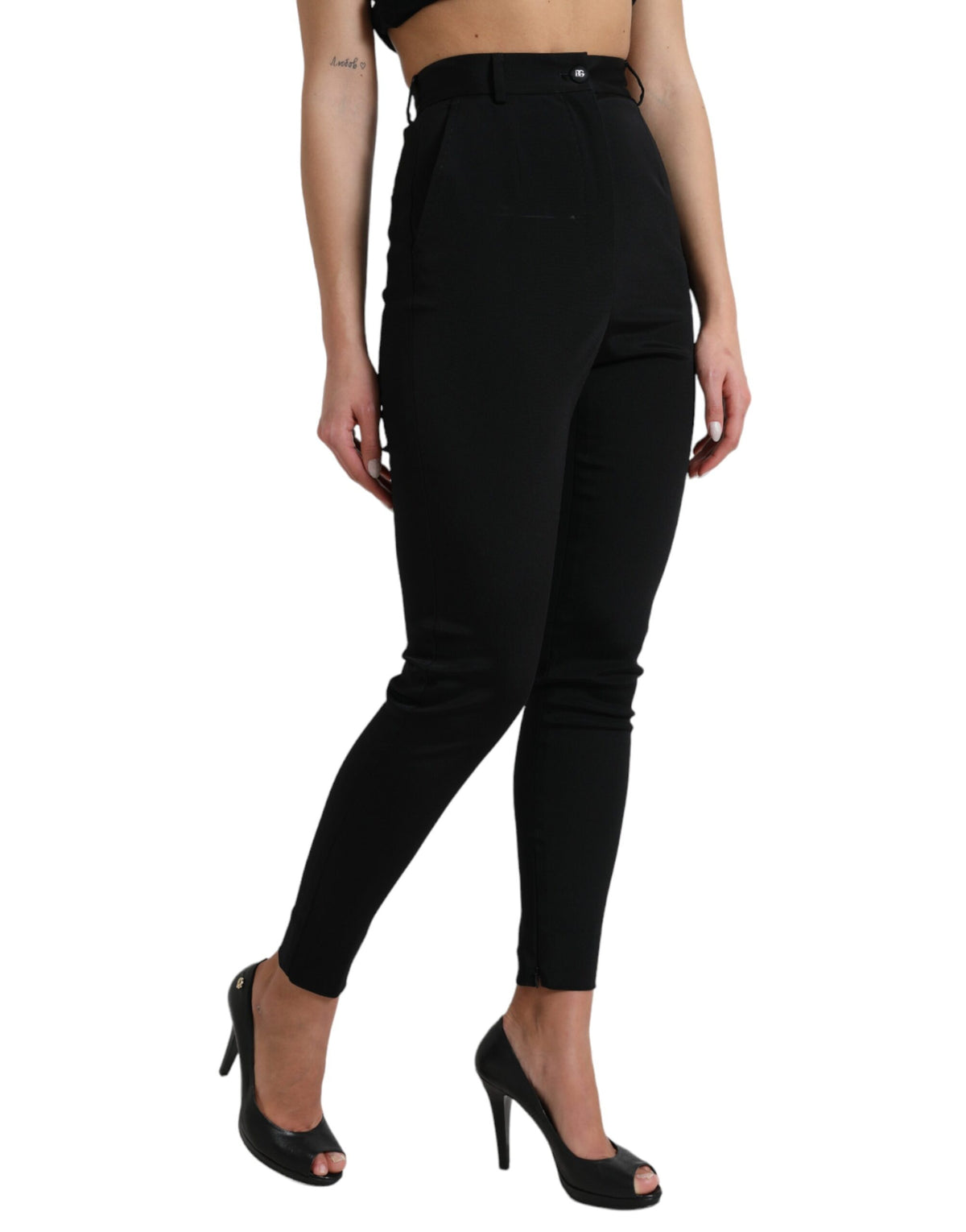 Dolce & Gabbana Schwarze Woll-Stretch-Hose mit hoher Taille in Skinny-Form
