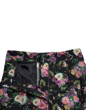 Dolce & Gabbana Schwarze geblümte Wollhose mit weitem Bein und hoher Taille