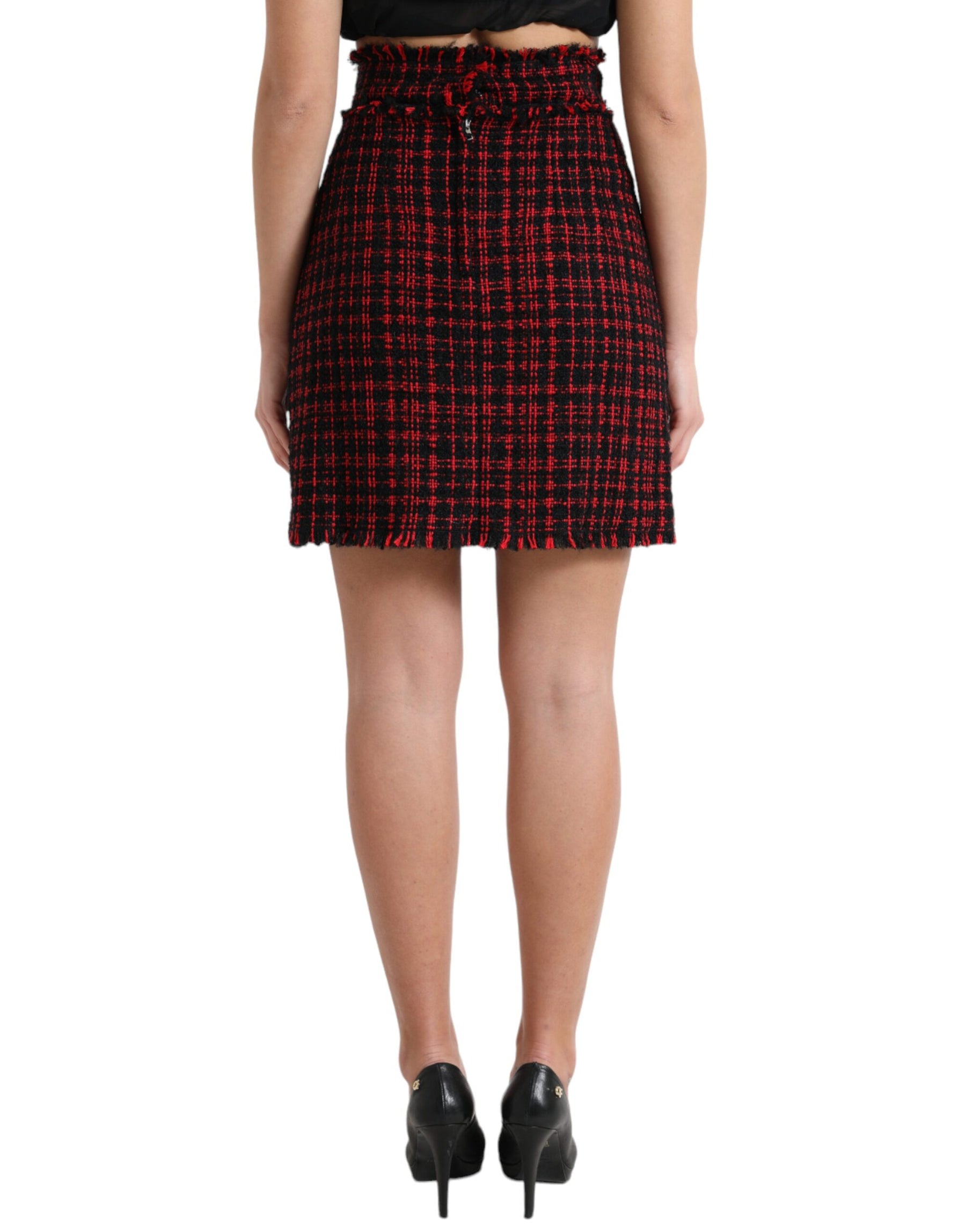 Dolce & Gabbana Schwarzer roter Baumwoll-Minirock mit hoher Taille aus Tartan-Tweed