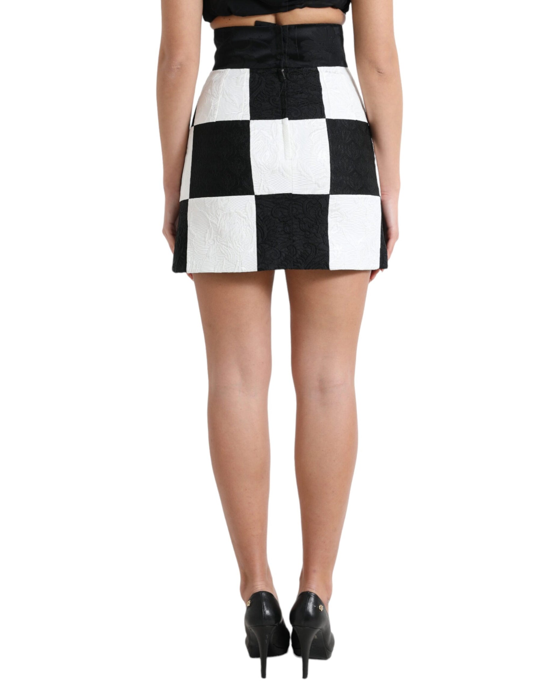 Dolce & Gabbana Schwarzer weißer geblümter Brokatrock mit hoher Taille