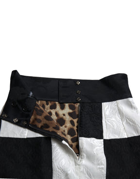 Dolce & Gabbana Schwarzer weißer geblümter Brokatrock mit hoher Taille