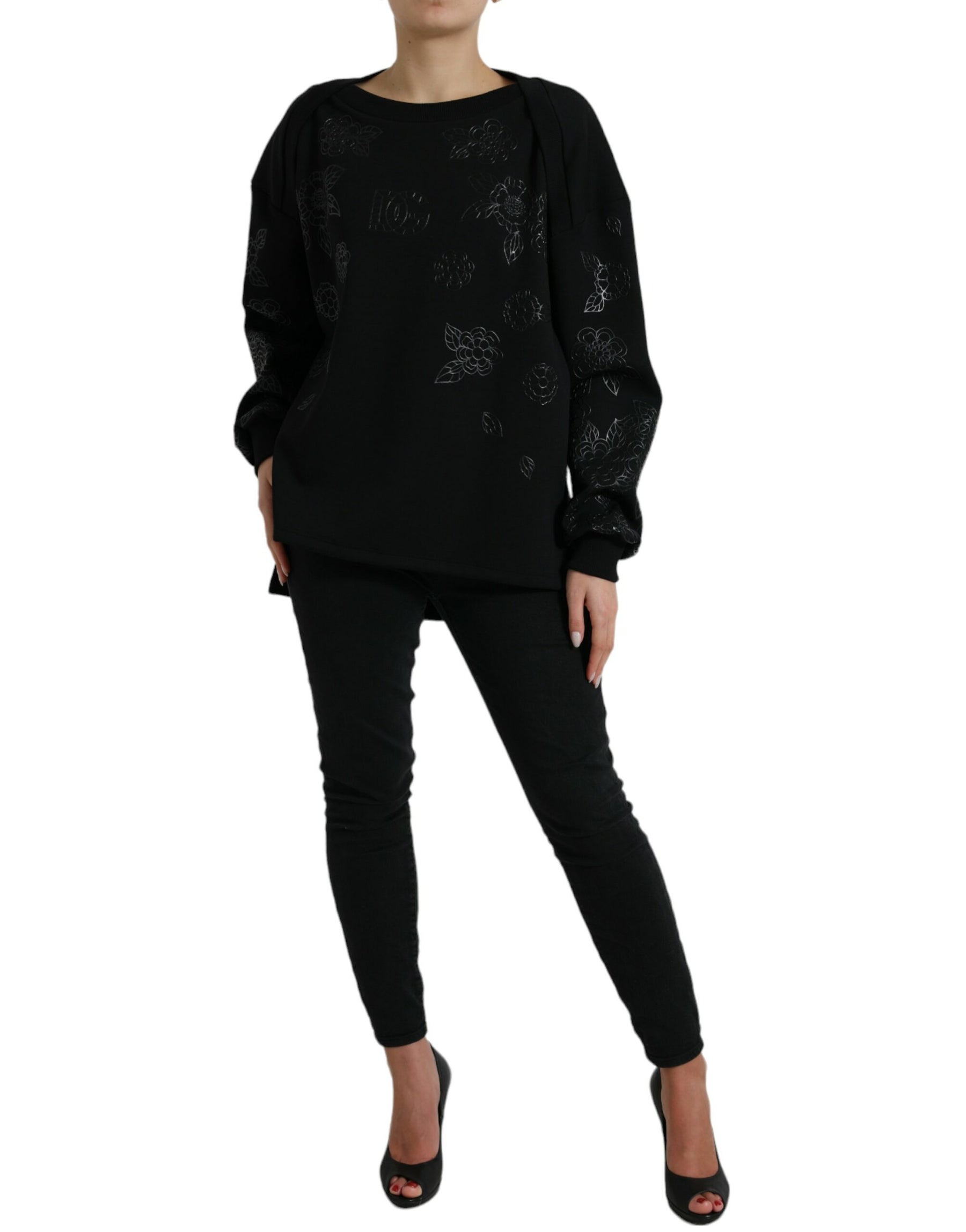 Dolce & Gabbana Schwarzer Pullover mit floralen Logo-Applikationen