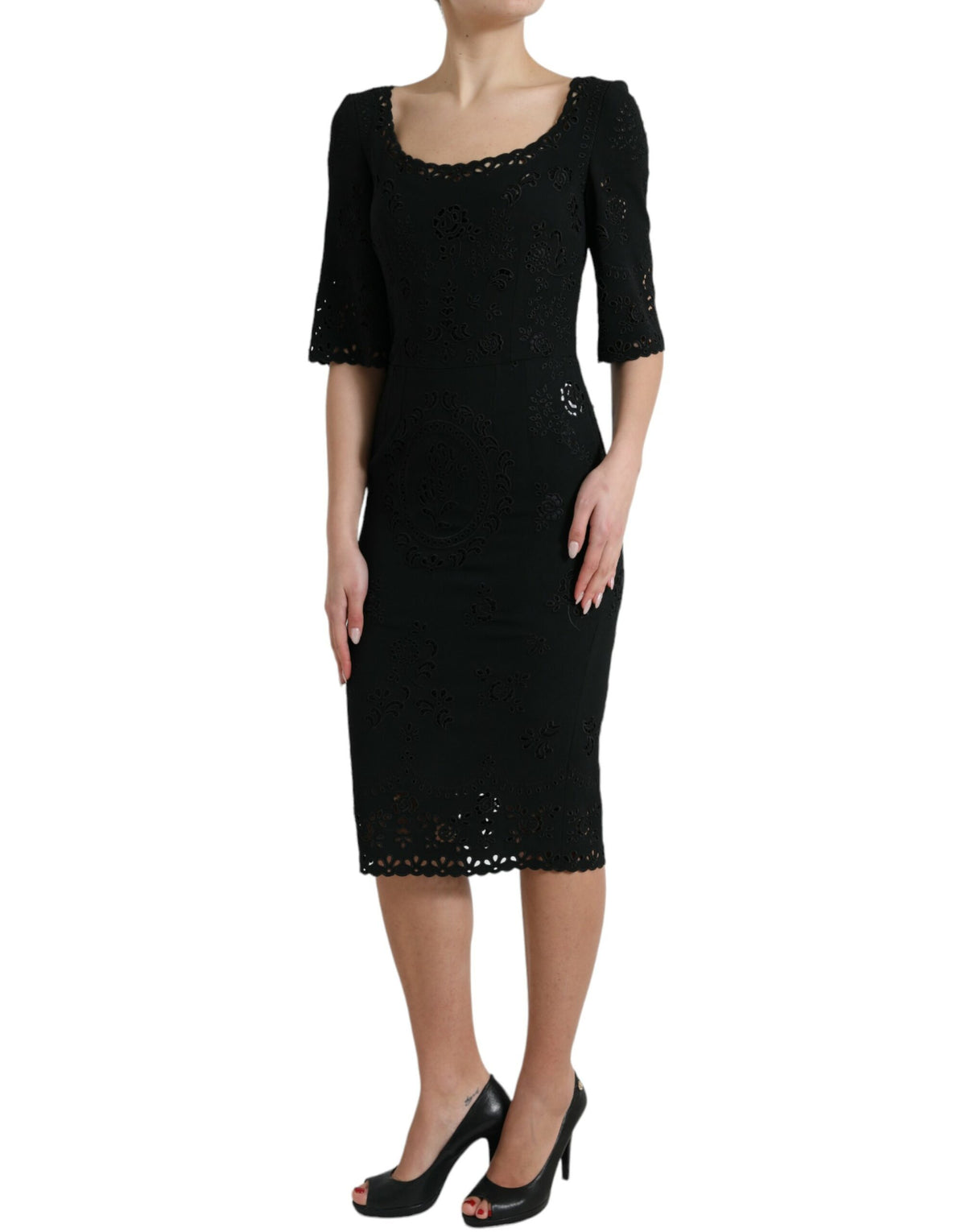 Dolce & Gabbana Schwarzes Viskose-Bodycon-Kleid mit floraler Spitze