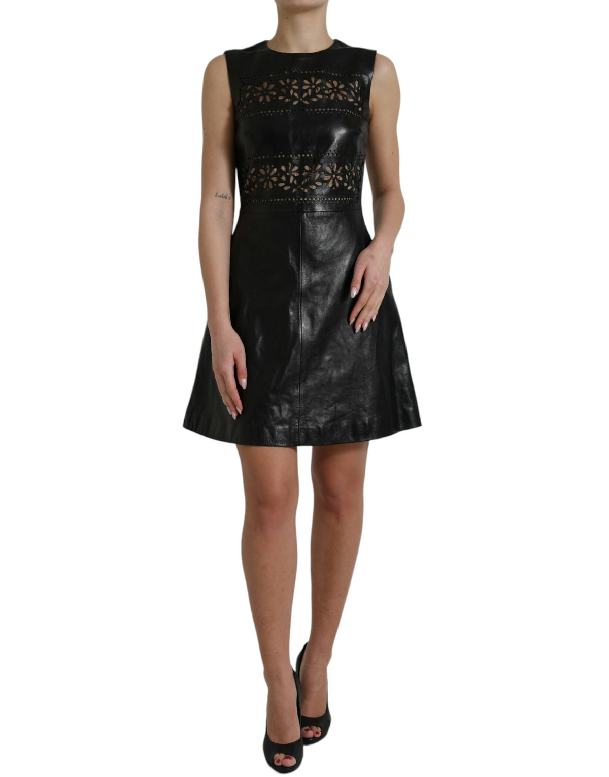 Valentino Glänzend Schwarzes Nylon Ausschnitt A-Linie Minikleid