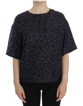 Dolce & Gabbana Blau-goldene Seidenbluse mit Schlüsseldruck