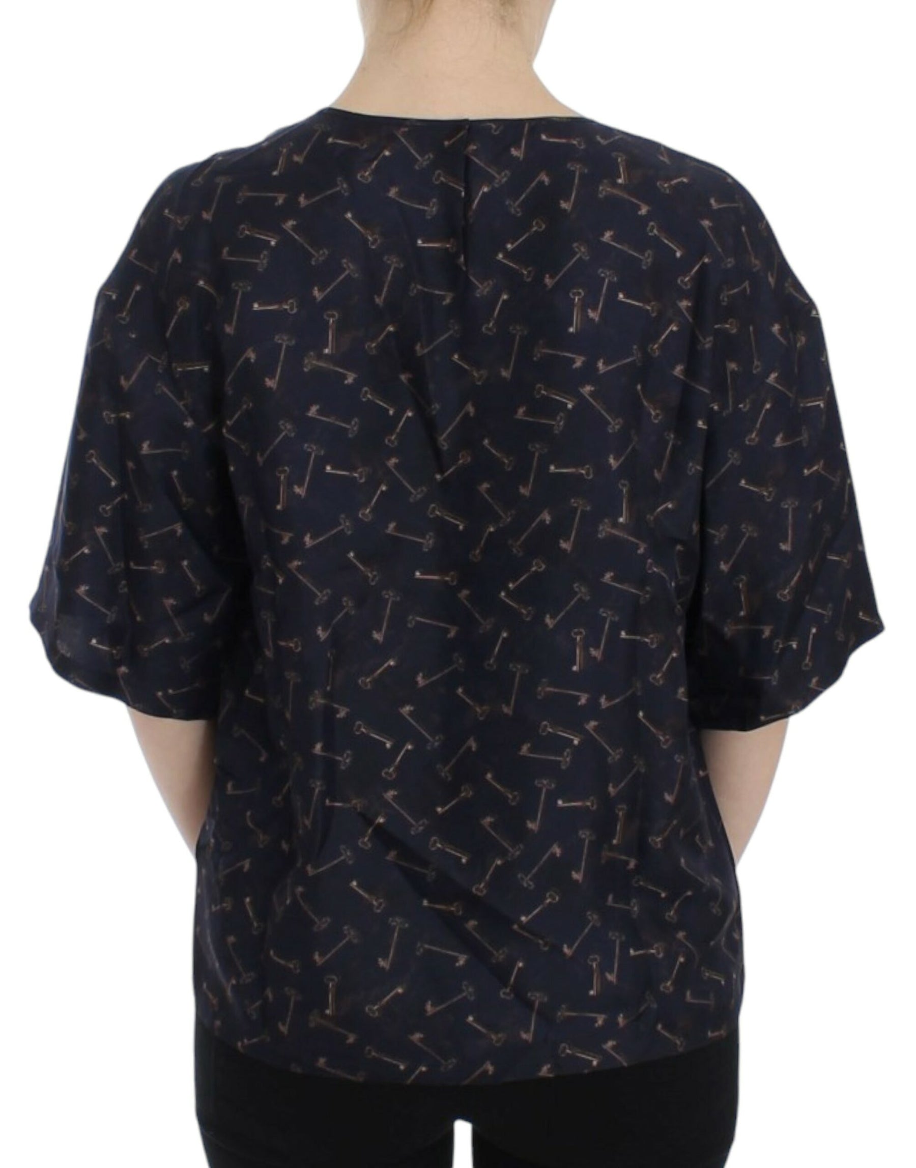 Dolce & Gabbana Blau-goldene Seidenbluse mit Schlüsseldruck