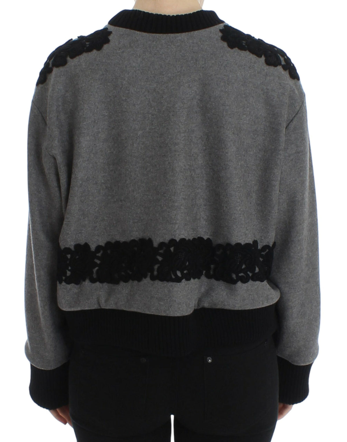 Dolce & Gabbana Grauer schwarzer Spitzenpullover aus Wolle und Kaschmir