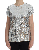 Dolce & Gabbana Silberne paillettenbesetzte Bluse mit Rundhalsausschnitt T-shirt Top