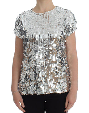 Dolce & Gabbana Silberne paillettenbesetzte Bluse mit Rundhalsausschnitt T-shirt Top