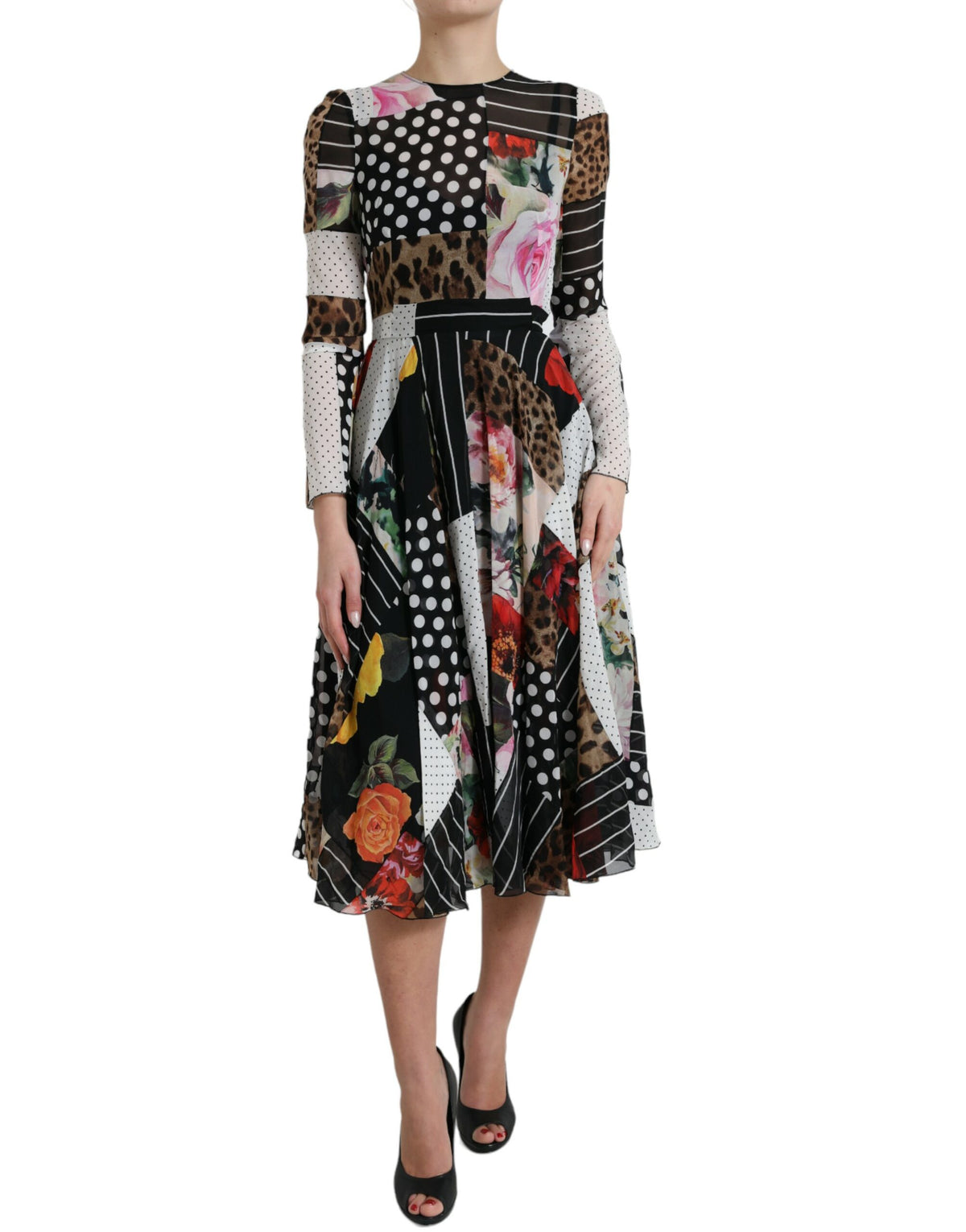 Dolce & Gabbana Multicolor Patchwork-Kleid mit Leopardenmuster
