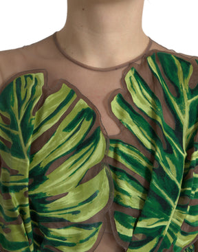 Dolce & Gabbana Grünes ärmelloses langes Maxikleid mit Bananenblättern