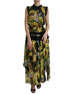 Dolce & Gabbana Schwarzes Sonnenblumen-Maxikleid in A-Linie mit Falten