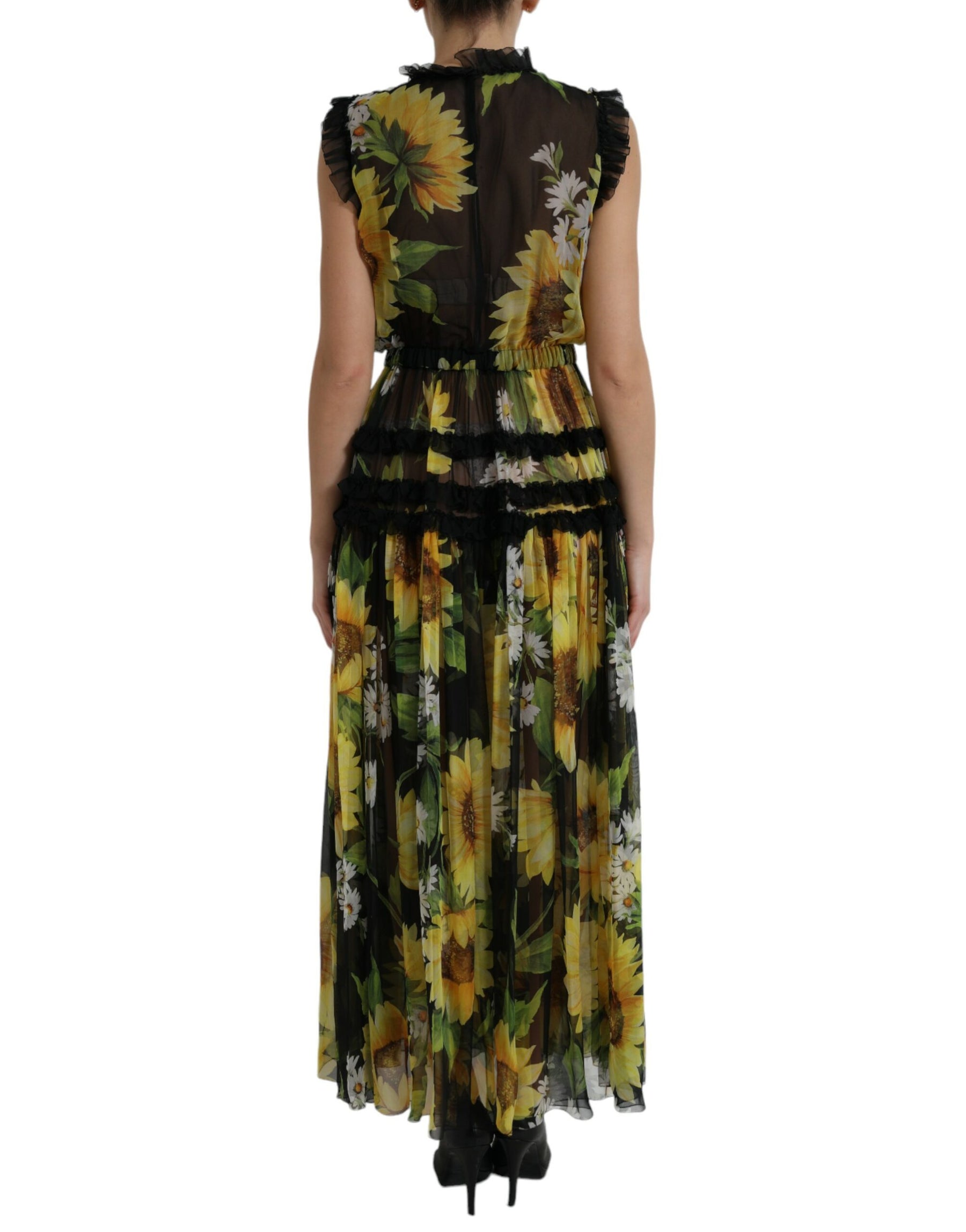Dolce & Gabbana Schwarzes Sonnenblumen-Maxikleid in A-Linie mit Falten