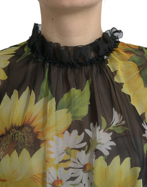 Dolce & Gabbana Schwarzes Sonnenblumen-Maxikleid in A-Linie mit Falten