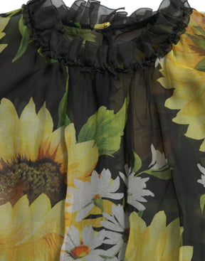 Dolce & Gabbana Schwarzes Sonnenblumen-Maxikleid in A-Linie mit Falten