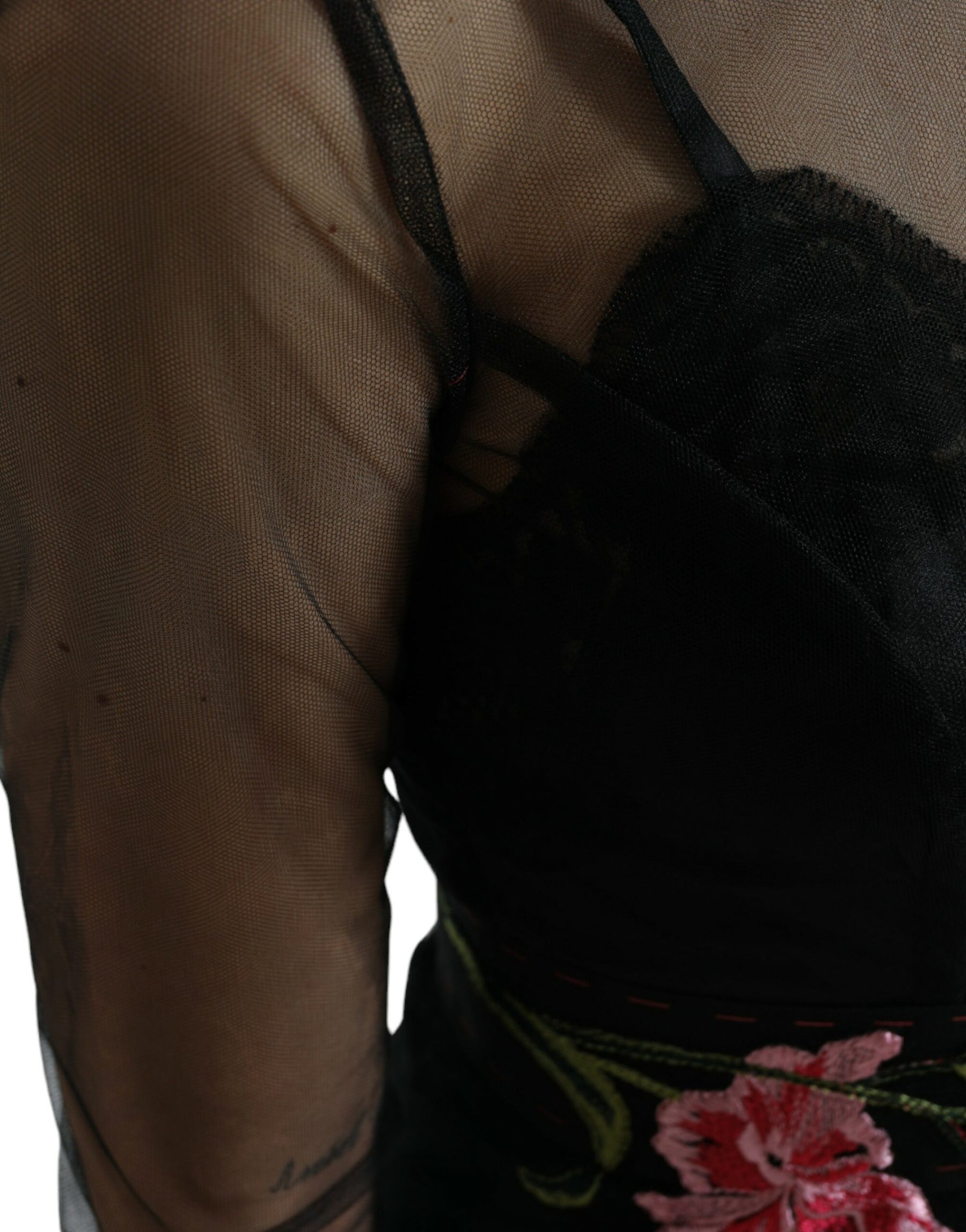 Dolce & Gabbana Schwarzes Kleid mit floraler Stickerei aus Mesh-Tüll