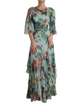 Dolce & Gabbana Blaues gestuftes Maxikleid mit Blumendruck
