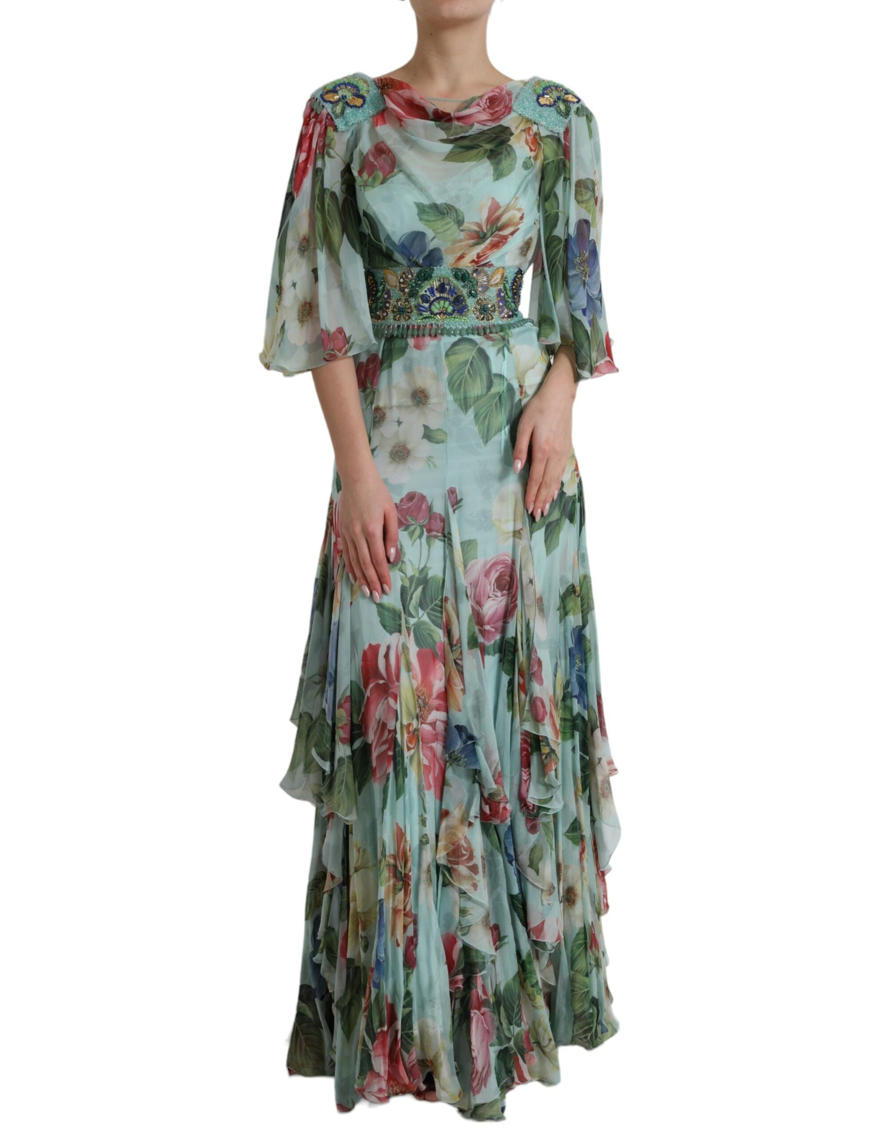 Dolce & Gabbana Blaues gestuftes Maxikleid mit Blumendruck
