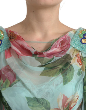 Dolce & Gabbana Blaues gestuftes Maxikleid mit Blumendruck