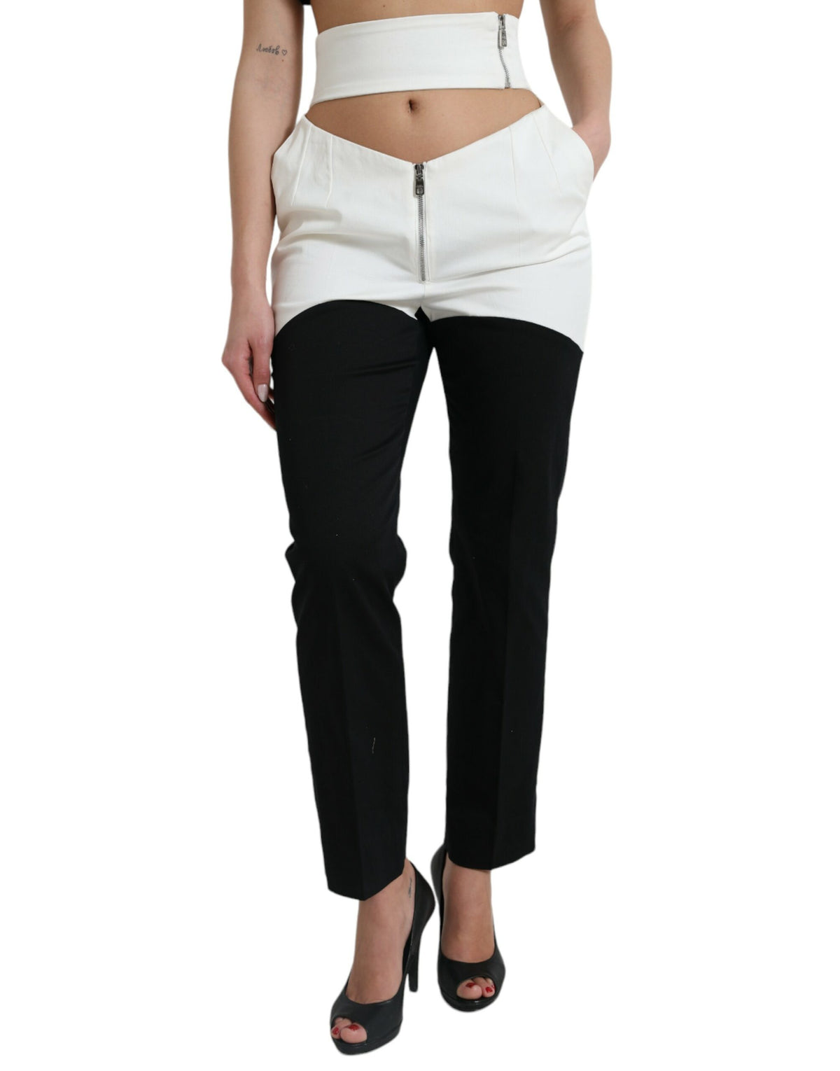 Dolce & Gabbana Schwarz-Weiß Baumwolle Cut Out Taille Tapered Pants