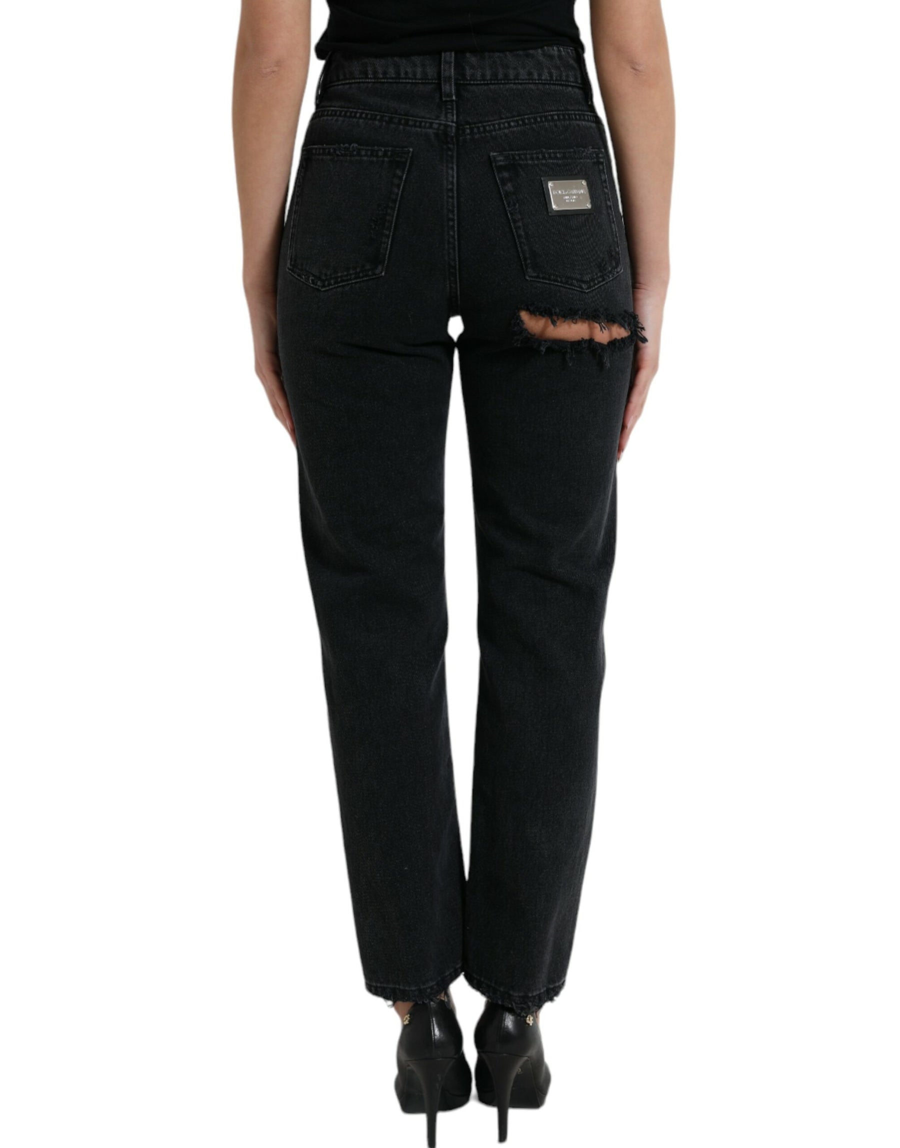 Dolce & Gabbana Schwarze Baumwolljeans mit hoher Taille aus zerfetztem Denim