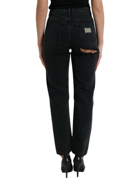 Dolce & Gabbana Schwarze Baumwolljeans mit hoher Taille aus zerfetztem Denim