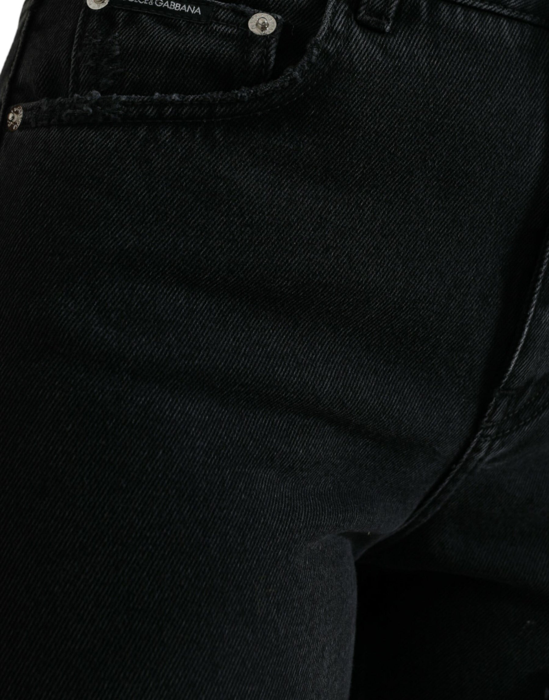 Dolce & Gabbana Schwarze Baumwolljeans mit hoher Taille aus zerfetztem Denim