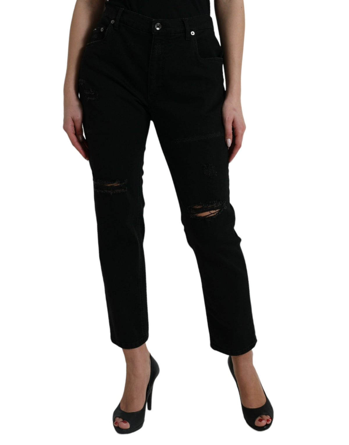 Dolce & Gabbana Schwarze Baumwolljeans mit hoher Taille aus zerfetztem Denim