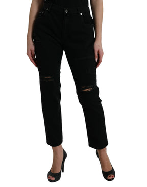 Dolce & Gabbana Schwarze Baumwolljeans mit hoher Taille aus zerfetztem Denim