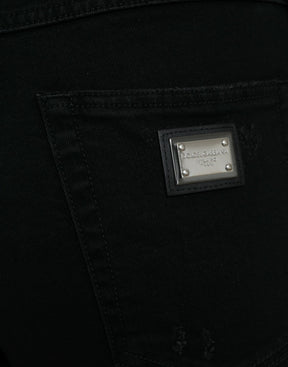 Dolce & Gabbana Schwarze Baumwolljeans mit hoher Taille aus zerfetztem Denim