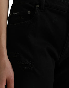 Dolce & Gabbana Schwarze Baumwolljeans mit hoher Taille aus zerfetztem Denim