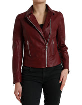 Dolce & Gabbana Bordeaux Leder Bikermantel Lammfelljacke