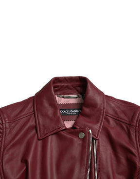 Dolce & Gabbana Bordeaux Leder Bikermantel Lammfelljacke