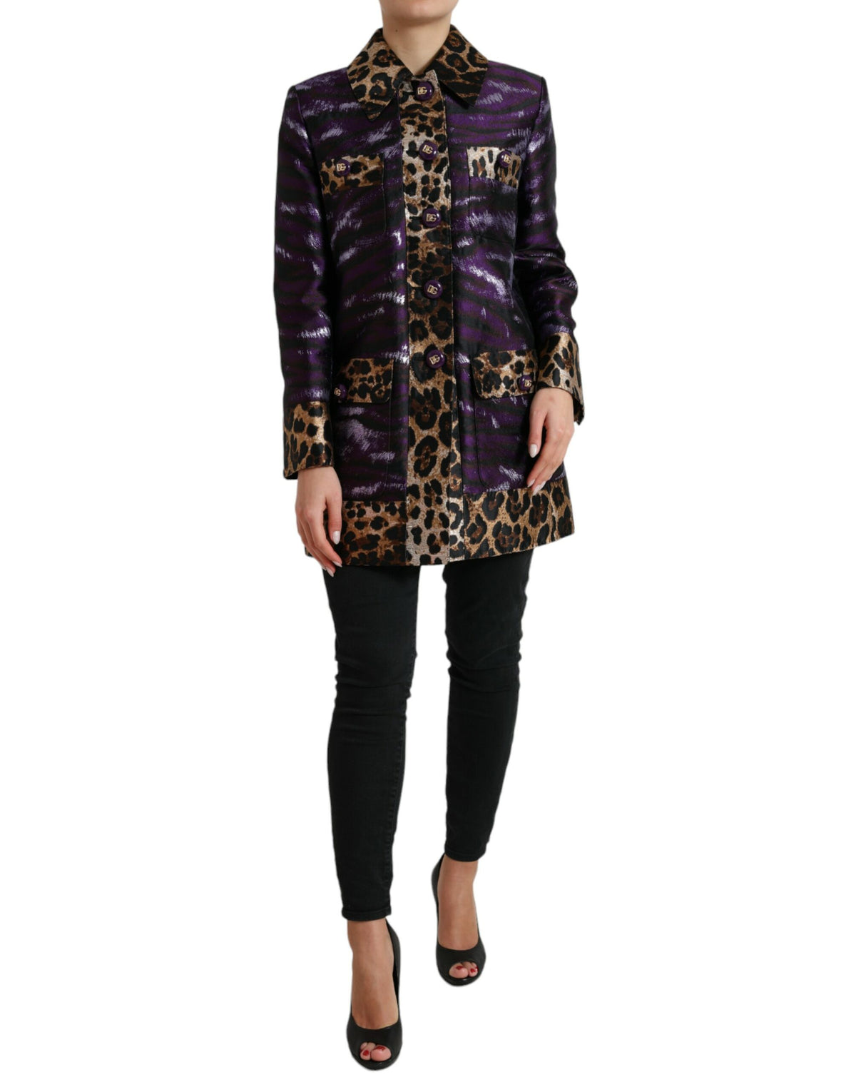 Dolce & Gabbana Lila Lamé-Jacquard-Mantel mit Tiger-Print Jacke