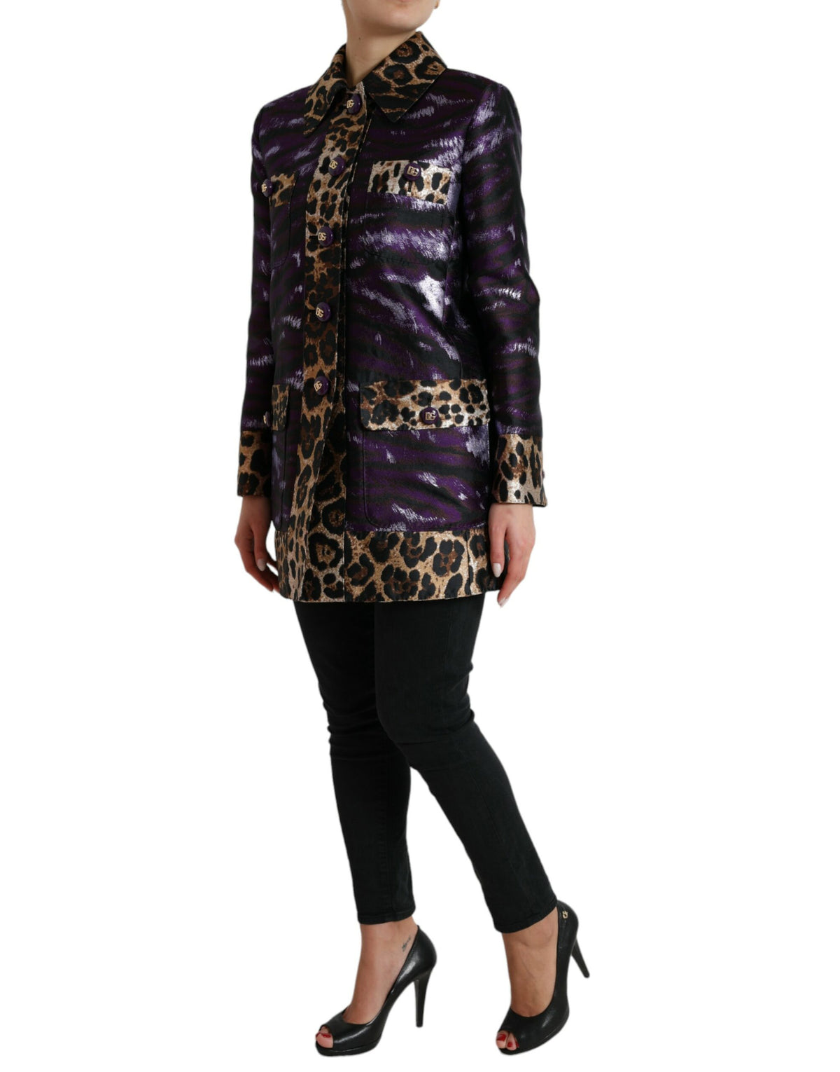 Dolce & Gabbana Lila Lamé-Jacquard-Mantel mit Tiger-Print Jacke