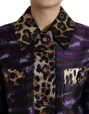 Dolce & Gabbana Lila Lamé-Jacquard-Mantel mit Tiger-Print Jacke