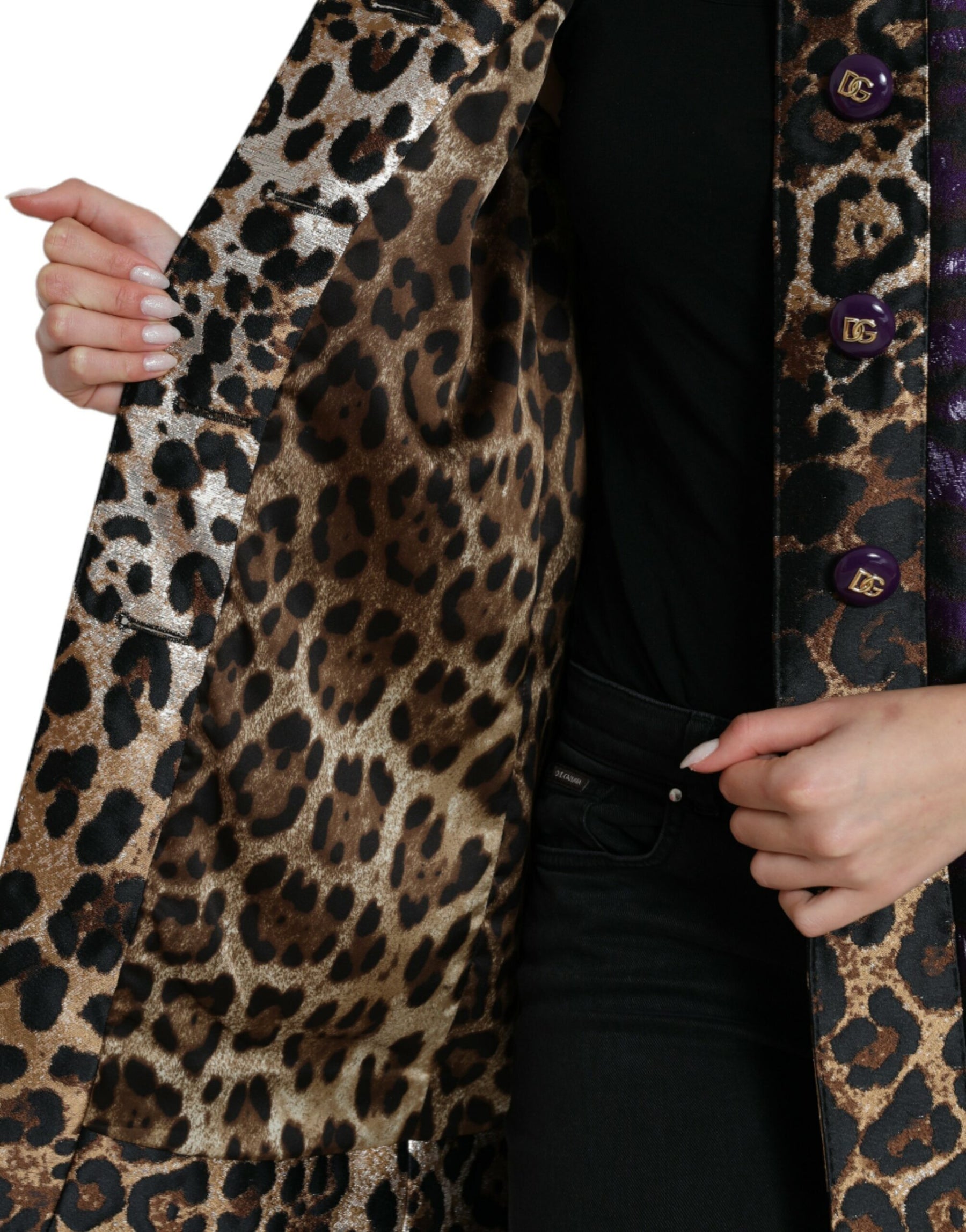Dolce & Gabbana Lila Lamé-Jacquard-Mantel mit Tiger-Print Jacke